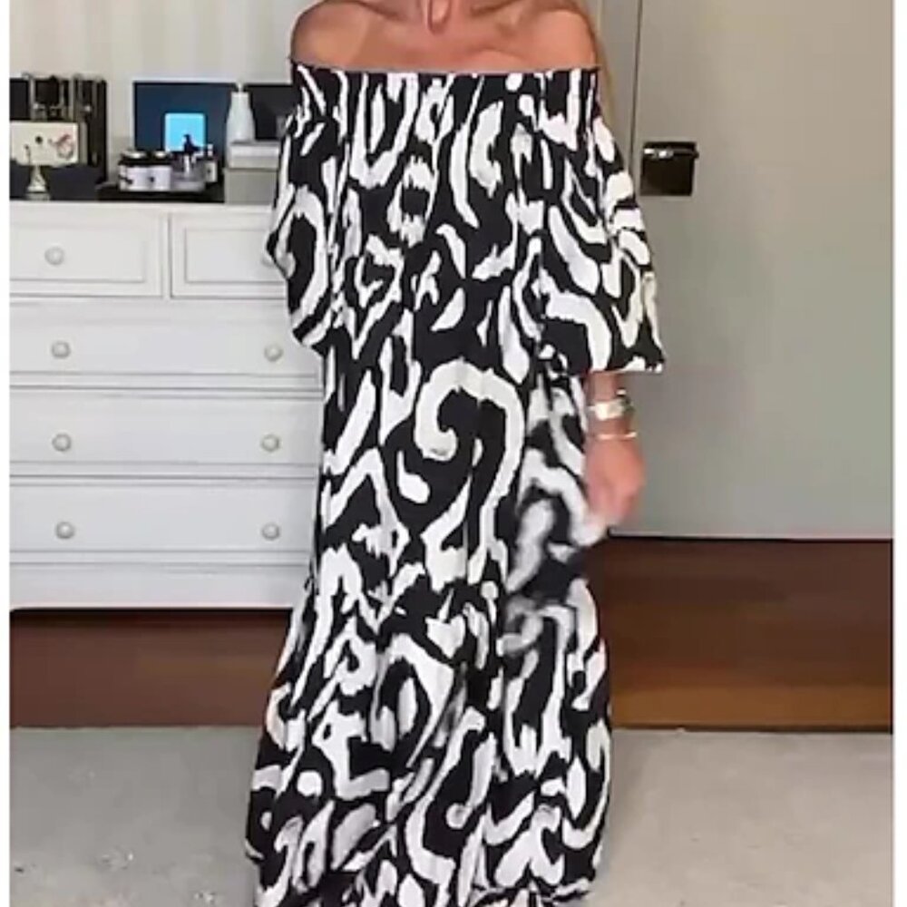 H&M Oversized Off-the-shoulder Color Block Print Dress